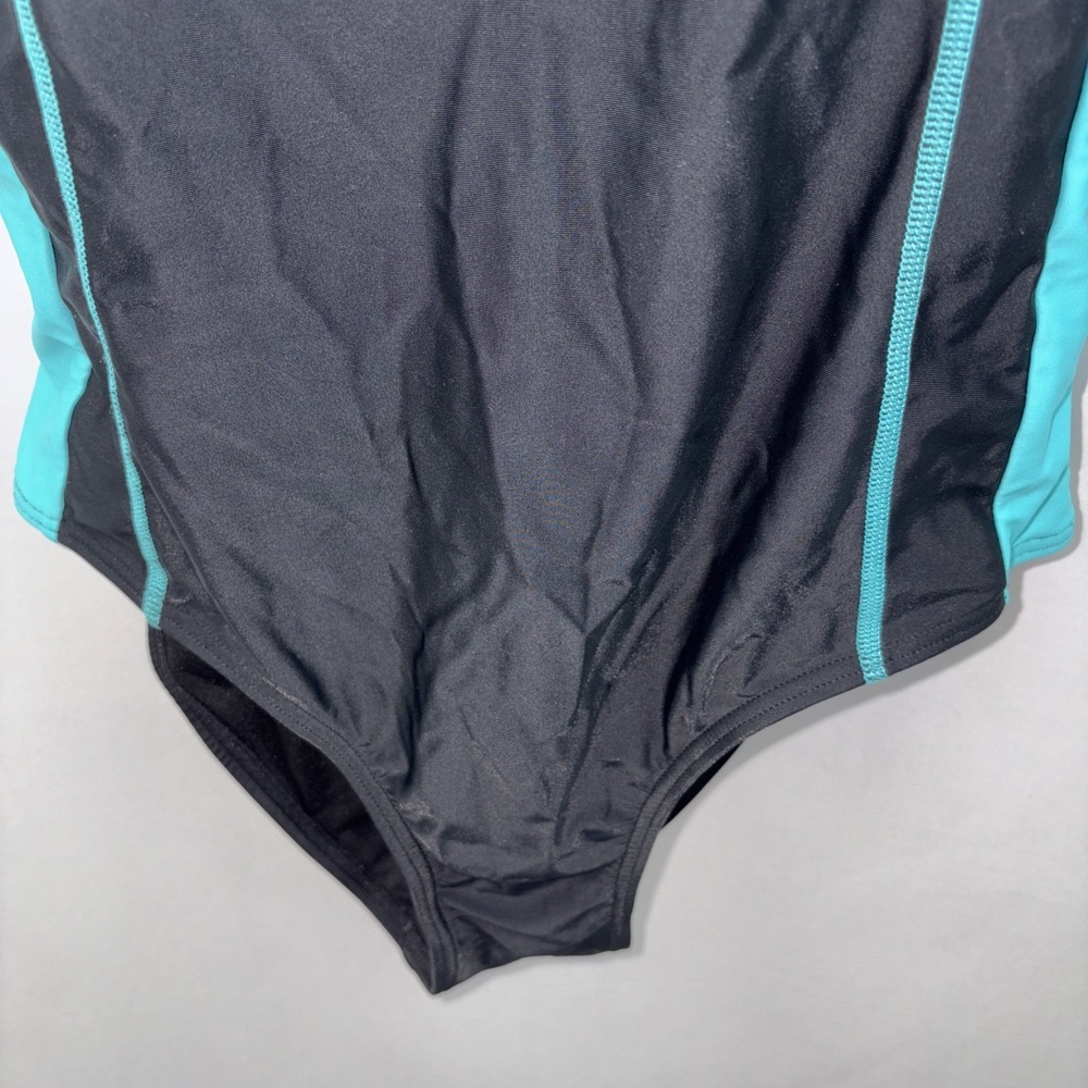 Grand Everest One Piece Swimsuit Sz L Racerback Built in Bra Black Teal Athletic - Picture 2 of 8